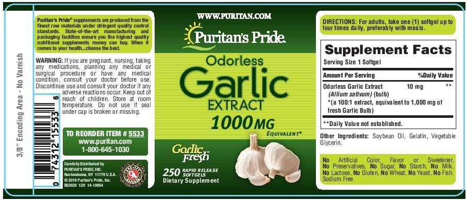Premium Odorless Garlic Softgels - 10mg (1000mg Equiv.) Heart & Circulation Support Supplement with Antioxidants - 250 Rapid Release