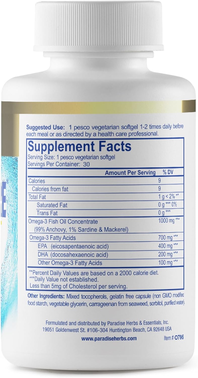 Premium Omega-3 Concentrate by Paradise Herbs - DHA, EPA, Vegan, Non GMO, Gluten Free - 30 Vegetarian Softgels