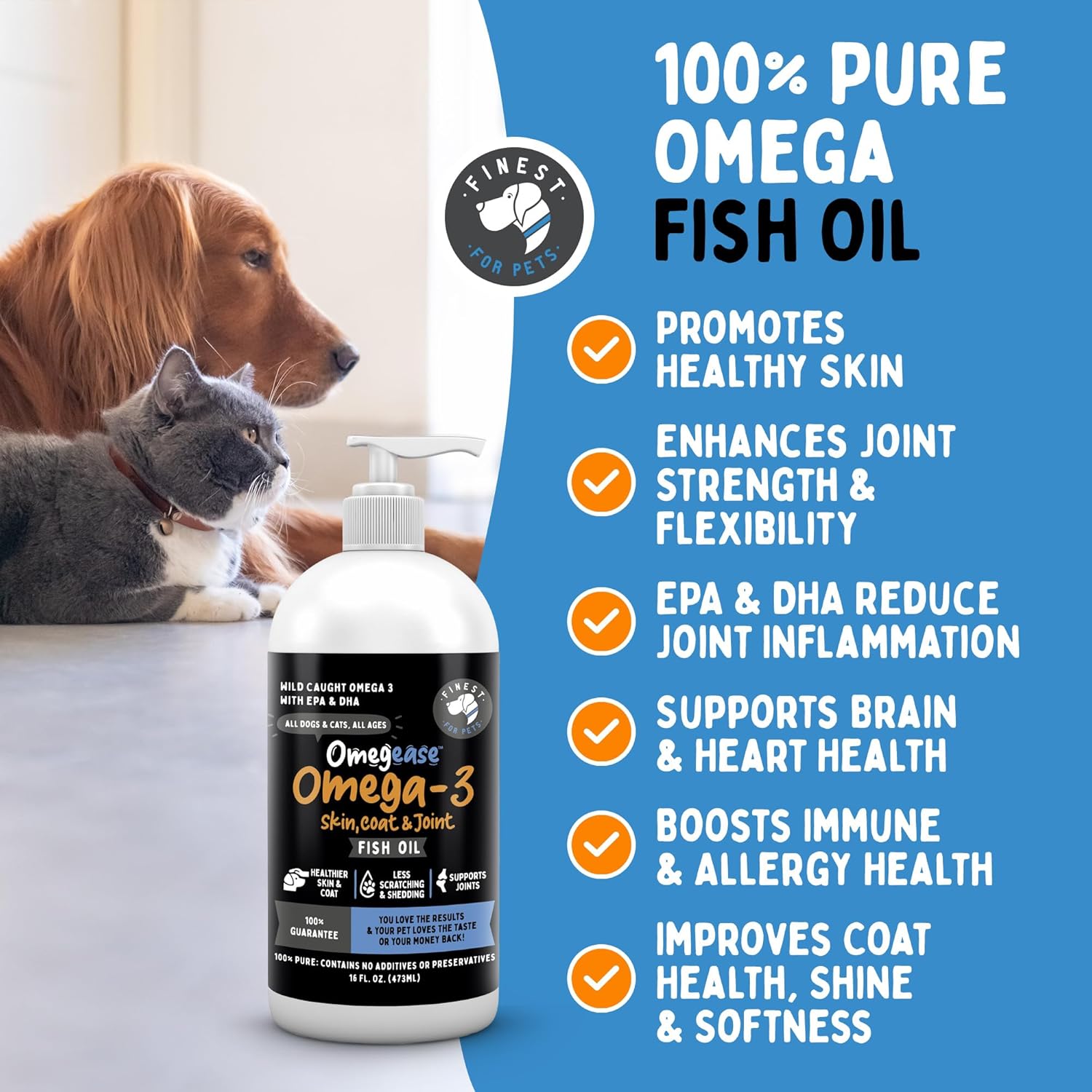 Premium Omega 3 Fish Oil for Dogs & Cats - Supports Skin, Coat, Joints & Immune Health - 16 oz