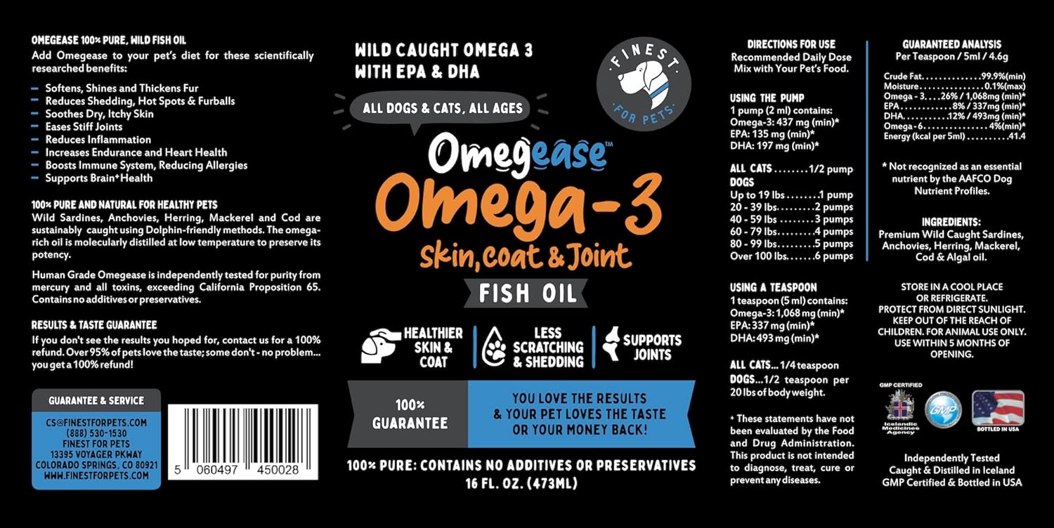 Premium Omega 3 Fish Oil for Dogs & Cats - Supports Skin, Coat, Joints & Immune Health - 16 oz