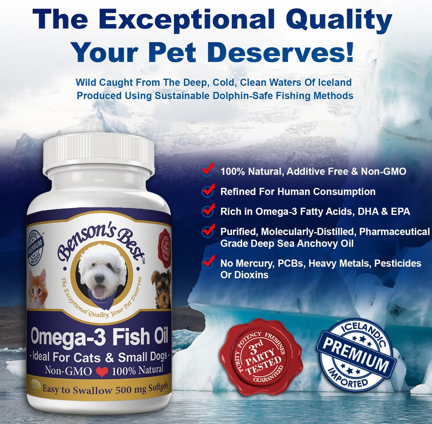 Premium Omega 3 Fish Oil Softgels for Cats & Small Dogs - 200 Count 500mg - Higher Omega 3 Content Than Salmon Oil - Pure & Non-GMO Pet Supplements