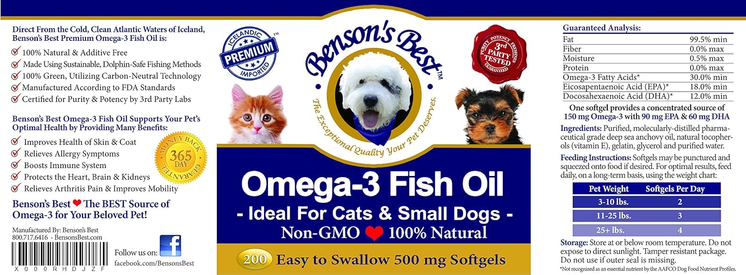 Premium Omega 3 Fish Oil Softgels for Cats & Small Dogs - 200 Count 500mg - Higher Omega 3 Content Than Salmon Oil - Pure & Non-GMO Pet Supplements