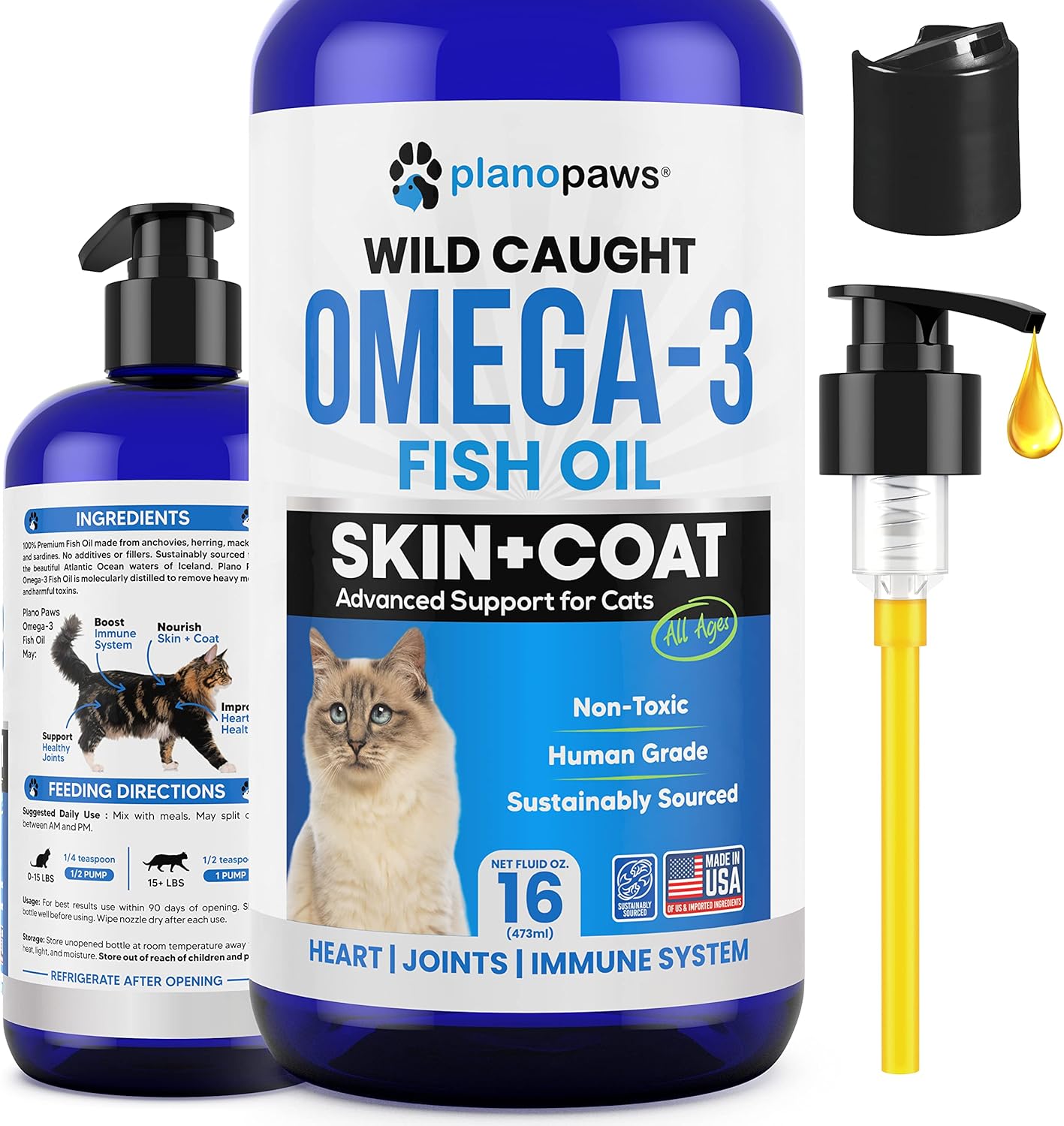 Premium Omega 3 Fish Oil Supplement for Cats - Essential Vitamins and Supplements for Feline Health - Liquid Formula for Healthy Skin and Coat - Cat Dandruff and Shedding Relief