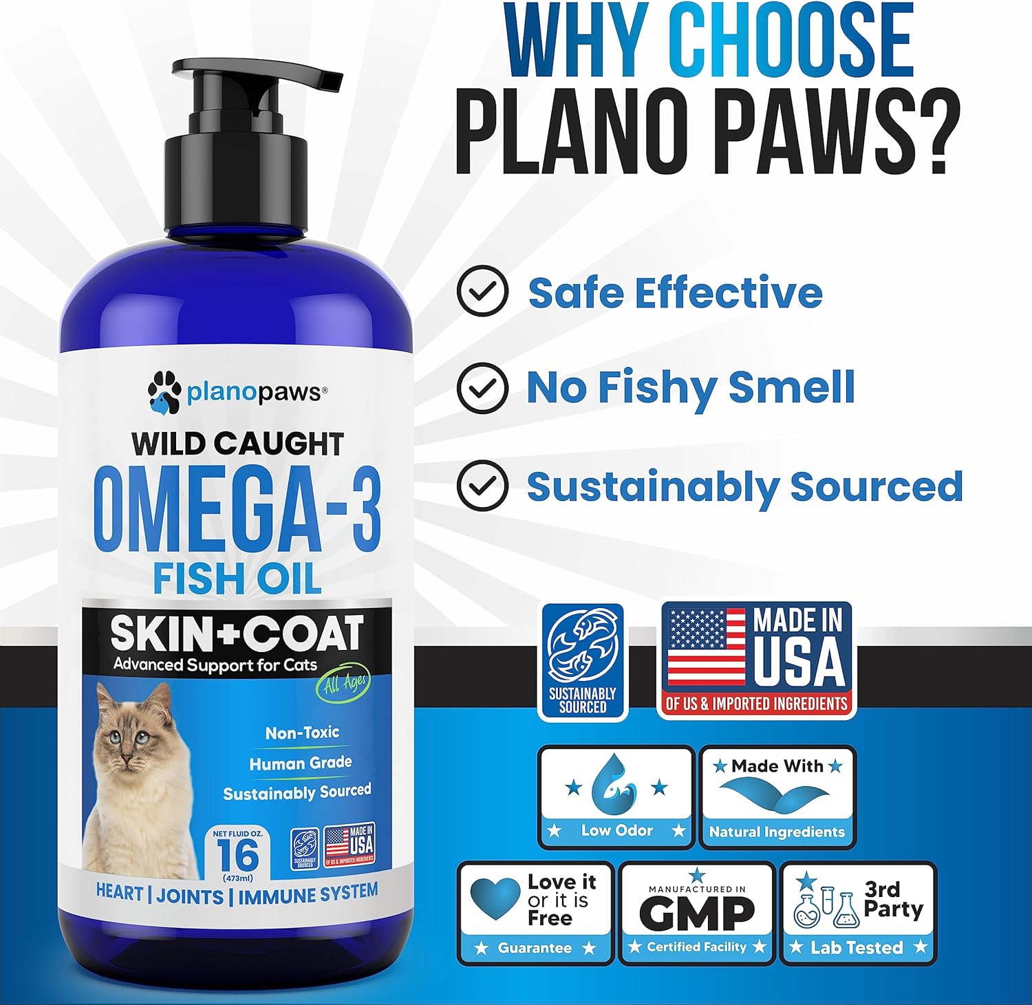Premium Omega 3 Fish Oil Supplement for Cats - Essential Vitamins and Supplements for Feline Health - Liquid Formula for Healthy Skin and Coat - Cat Dandruff and Shedding Relief