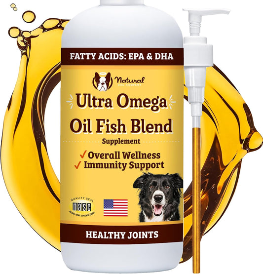 Premium Omega 3 Fish Oil Supplement for Dogs - 16oz Bottle - Supports Skin, Coat, and Joint Health - Natural Dog Company Omega 6 & 9 Fish Oil Blend with Flax, Pollock, and Salmon Oil