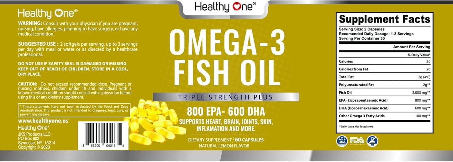 Premium Omega 3 Fish Oil Supplement with 1400mg EPA & DHA - Triple Distilled for Heart, Brain, and Joint Health - 60 Softgels, No Fillers