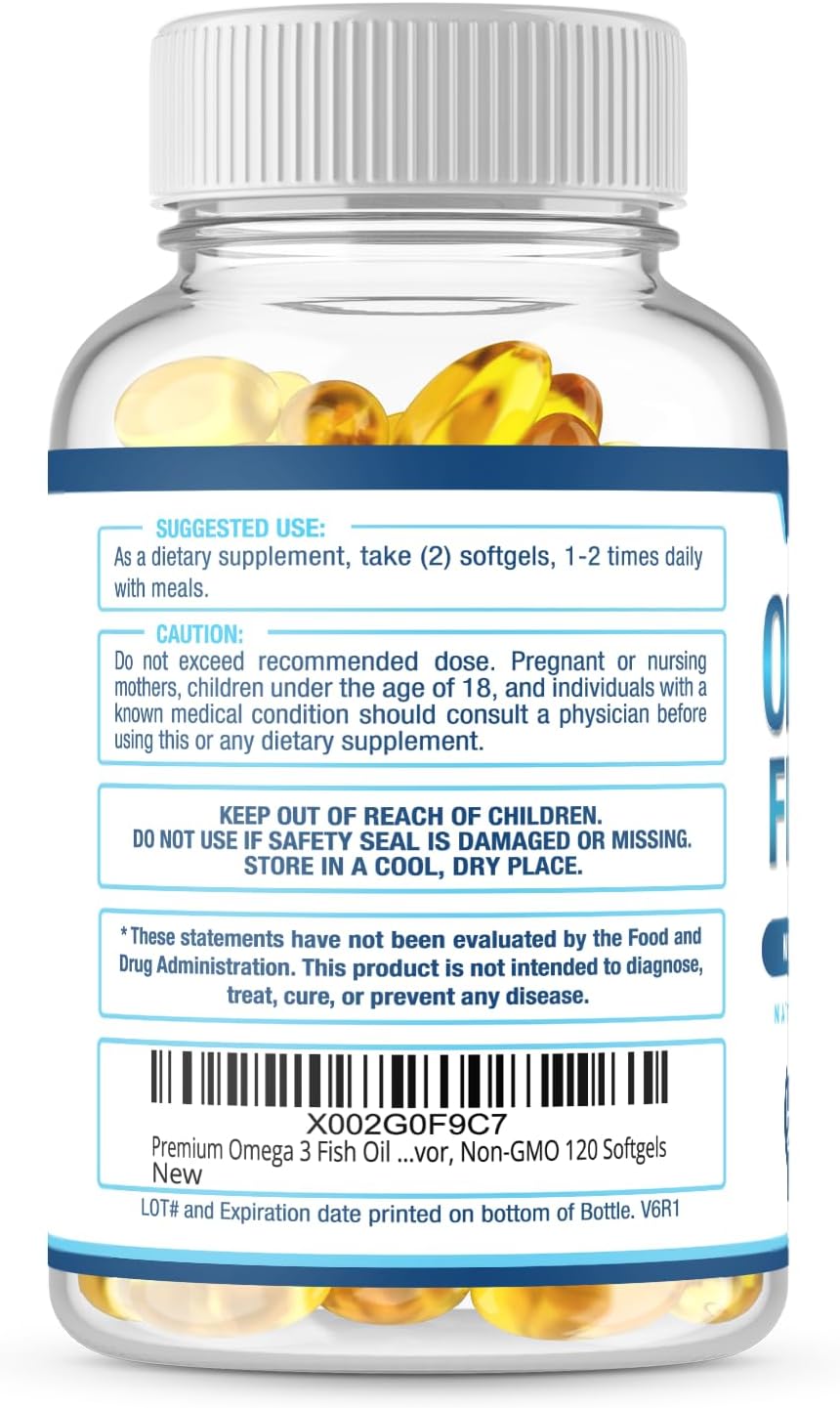 Premium Omega-3 Fish Oil Supplement with 1440mg DHA & EPA, 2400mg Omega-3 Per Serving - 120 Softgels, Supports Vision, Joints, Memory, Burpless Formula