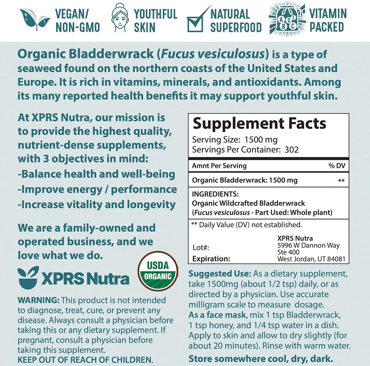 Premium Organic Bladderwrack Powder (Fucus Vesiculosus) for Glowing Skin - Vegan Friendly Iodine Supplement - 16 Ounce