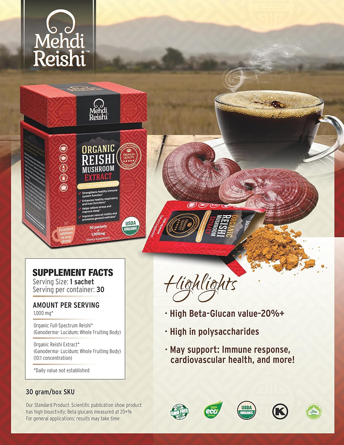 Premium Organic Reishi Mushroom Fruiting Body Extract Powder with 35% Beta Glucan - 100% Pure, 30 Servings, Ganoderma Lucidum