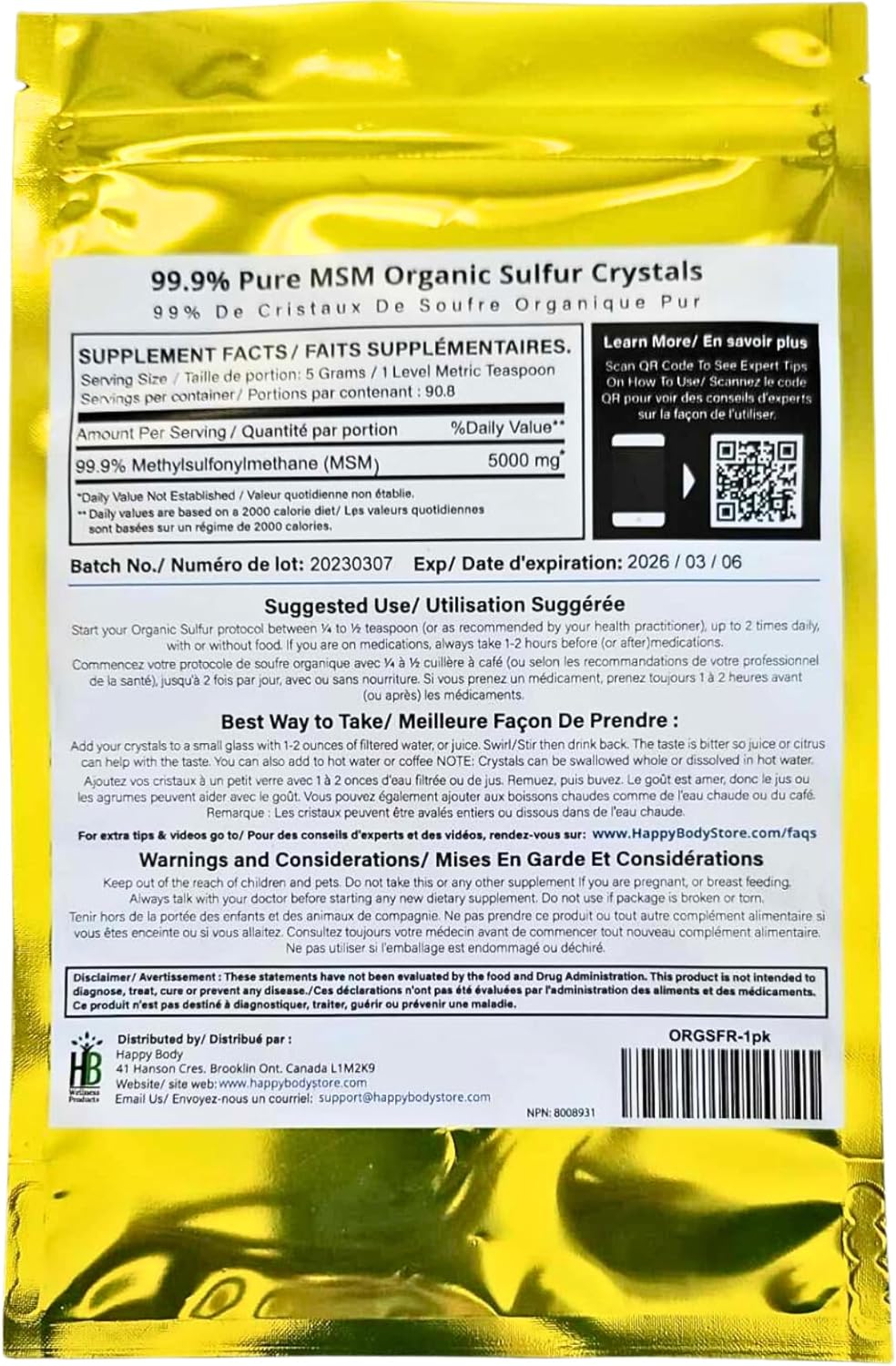 Premium Organic Sulfur Crystals - 99.9% Pure MSM Supplement - 3 Pack of 1 lb Bags