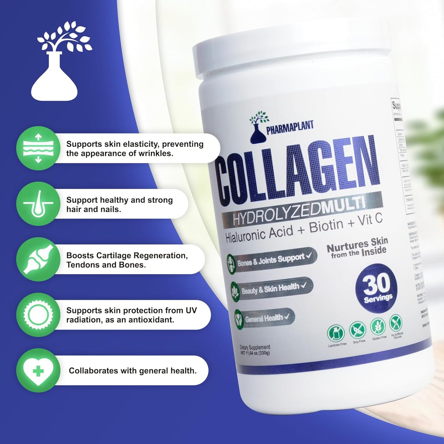 Premium Pharmaplant Collagen Hydrolyzed Multi Powder with Hyaluronic Acid, Biotin, and Vitamin C - Supports Skin, Hair, Nails, and Joint Health - Grass-Fed, GMO-Free, Keto Friendly - 330g