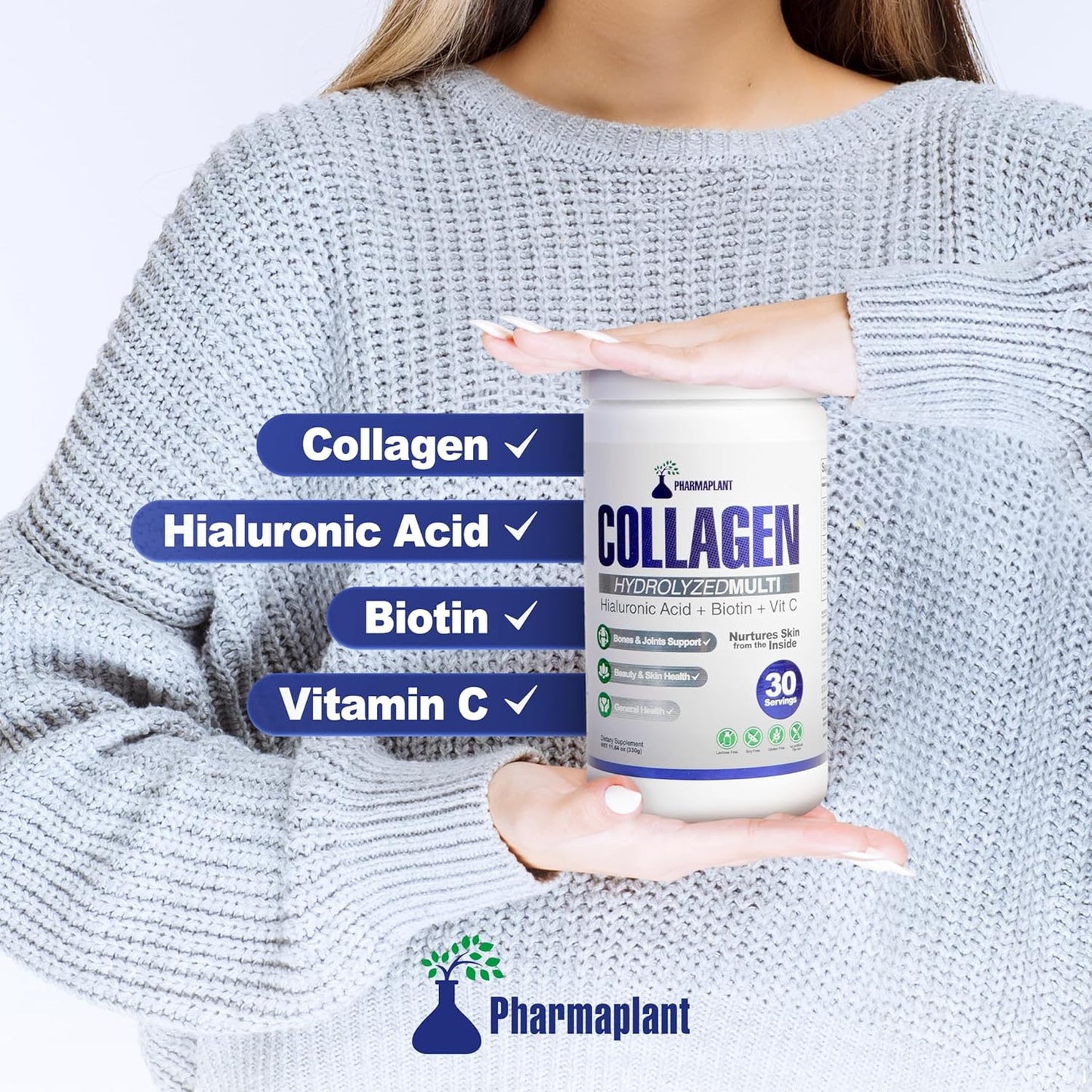 Premium Pharmaplant Collagen Hydrolyzed Multi Powder with Hyaluronic Acid, Biotin, and Vitamin C - Supports Skin, Hair, Nails, and Joint Health - Grass-Fed, GMO-Free, Keto Friendly - 330g