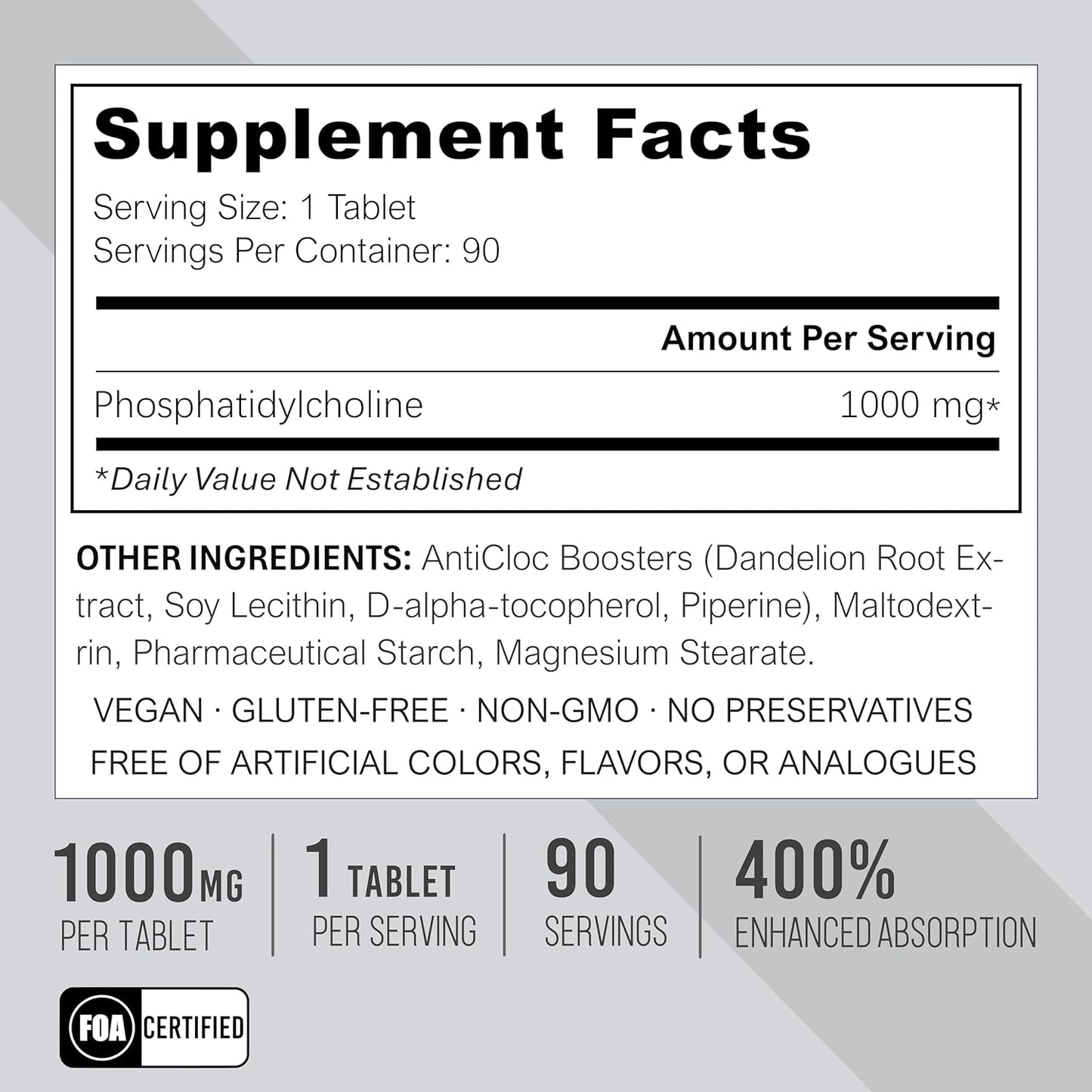 Premium Phosphatidylcholine PC 1000MG Tablets | 90 Day Supply | 5X Ultra Absorption | Max Strength | Supports Methylation & Epigenome | Anti-Aging | Brain & Liver Health