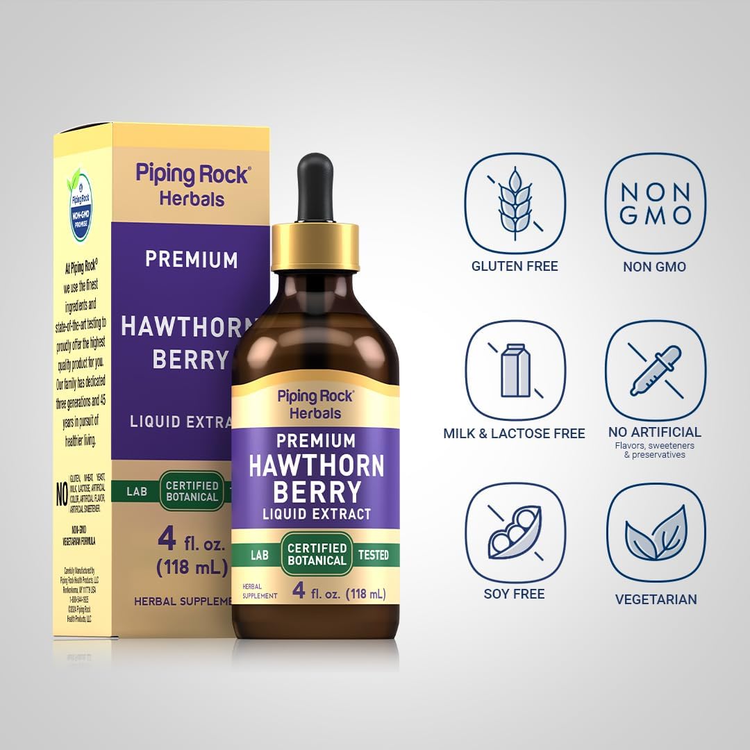 Premium Piping Rock Hawthorn Berry Liquid Extract - 4 fl oz Herbal Tincture Drops - Vegetarian Friendly Supplement - Non GMO & Gluten Free