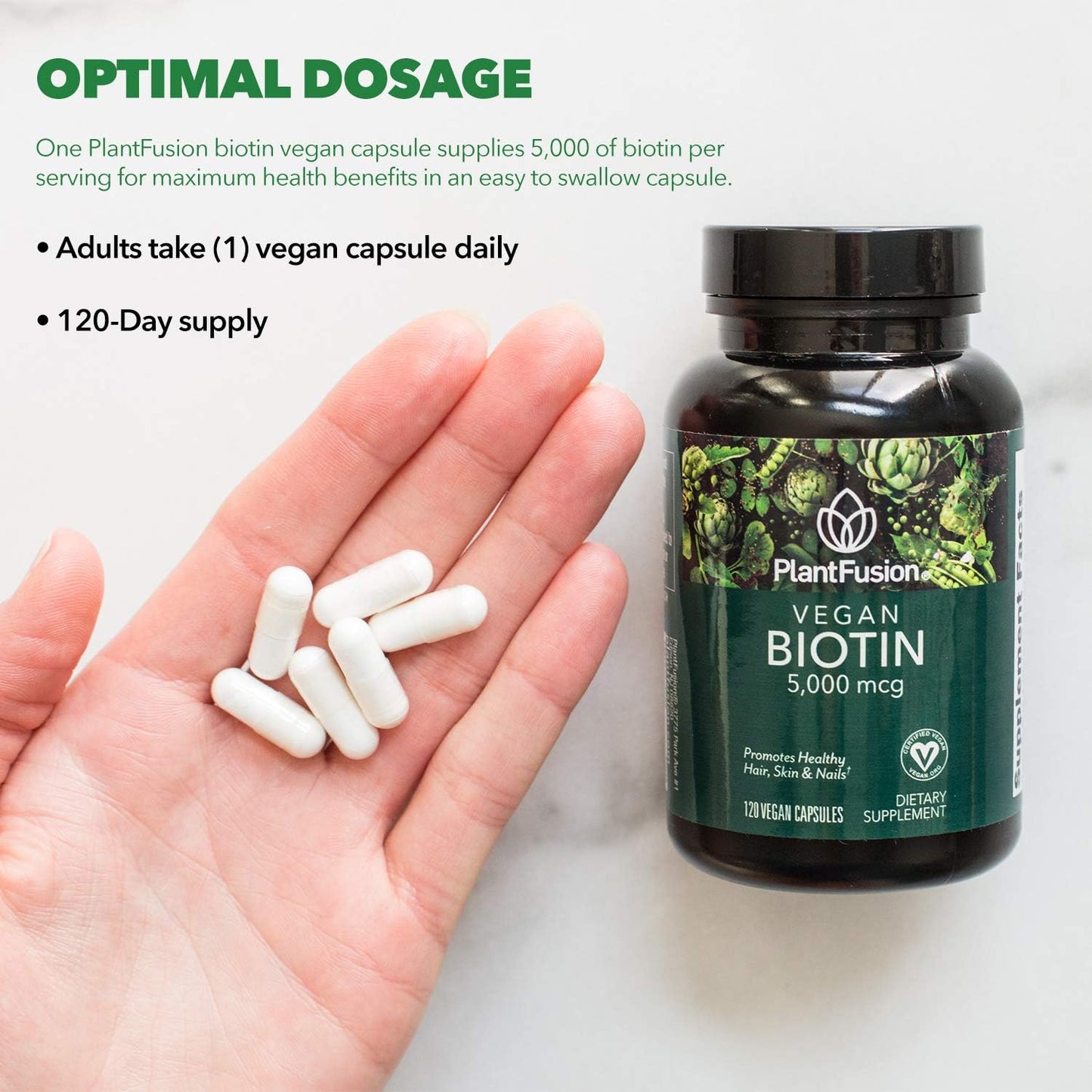 Premium Plant-Based Biotin Supplement (5000mcg) for Hair, Skin, and Nails - Vegan Capsules for Men and Women, 120 Count