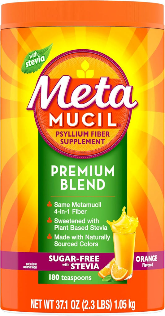 Premium Plant-Based Fiber Supplement for Digestive Health - Metamucil 4-in-1 Psyllium Husk Powder, Sugar-Free Orange Flavor, 180 Servings
