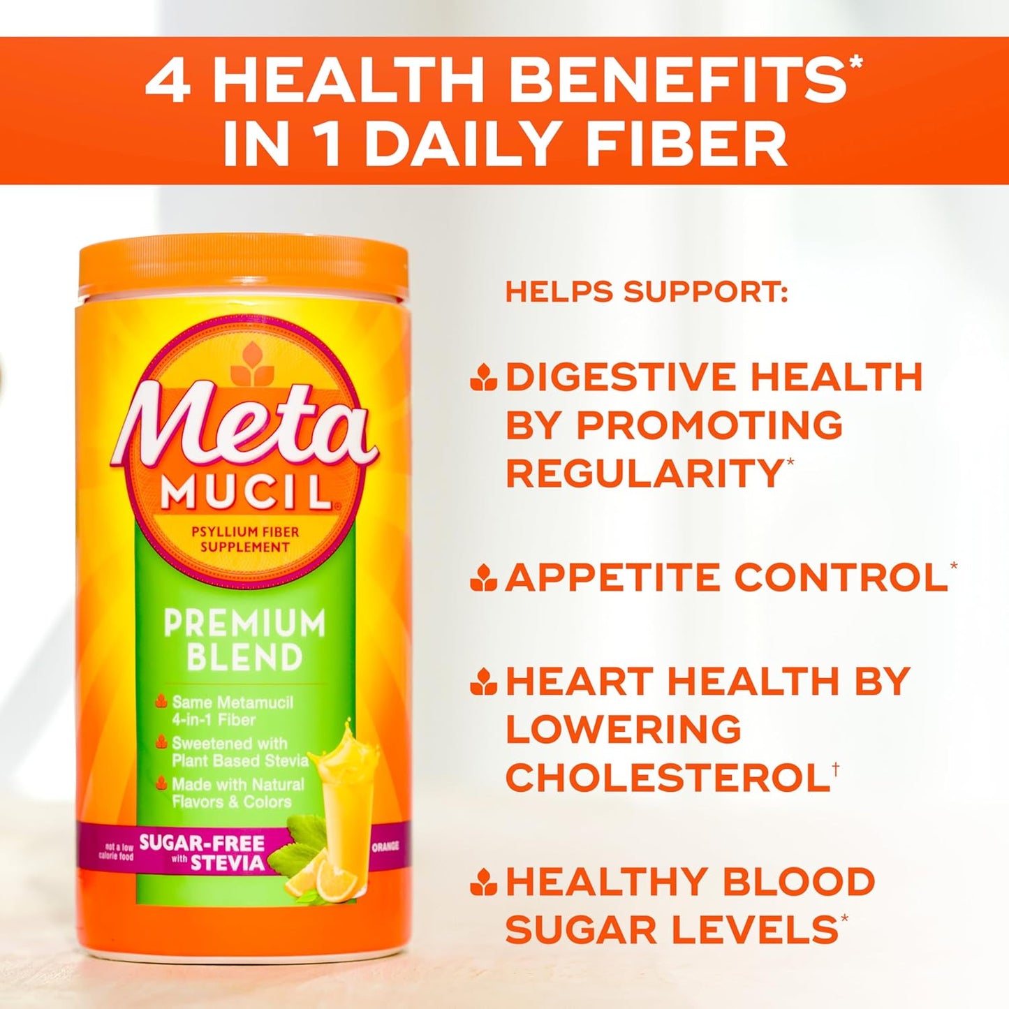 Premium Plant-Based Fiber Supplement for Digestive Health - Metamucil 4-in-1 Psyllium Husk Powder, Sugar-Free Orange Flavor, 180 Servings