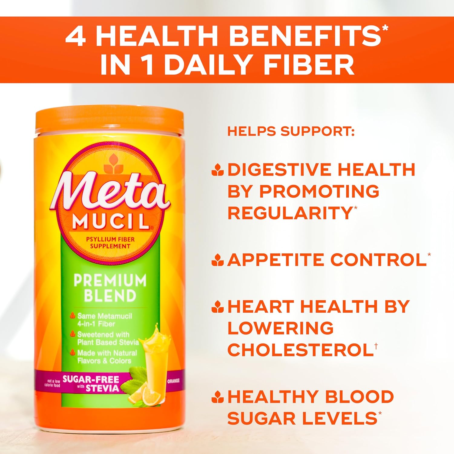 Premium Plant-Based Fiber Supplement for Digestive Health - Metamucil 4-in-1 Psyllium Husk Powder, Sugar-Free Orange Flavor, 180 Servings