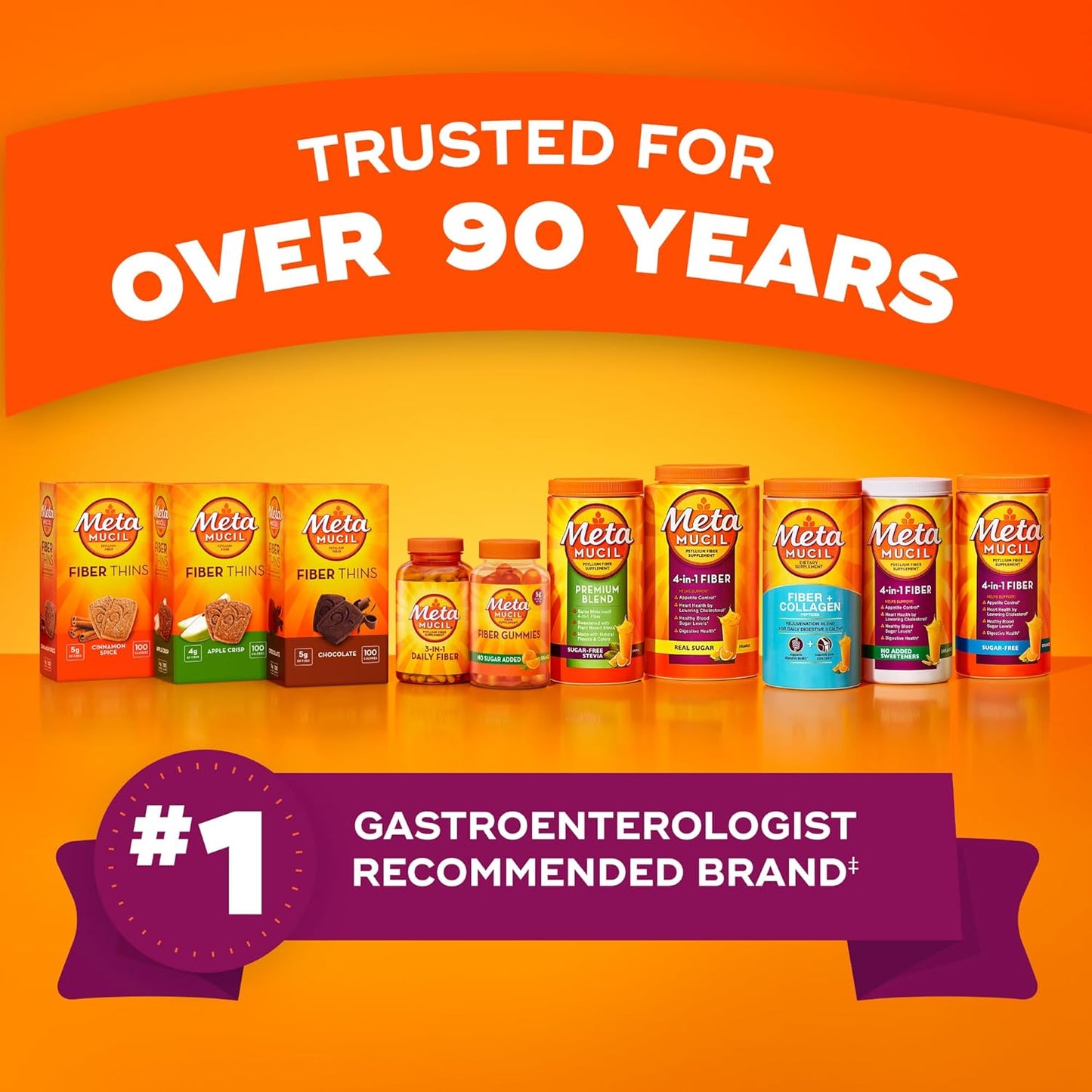 Premium Plant-Based Fiber Supplement for Digestive Health - Metamucil 4-in-1 Psyllium Husk Powder, Sugar-Free Orange Flavor, 180 Servings