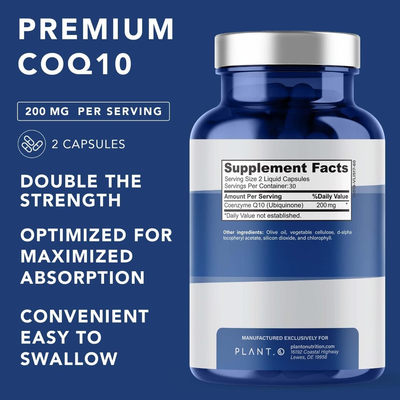 Premium Plant.O Nutrition CoQ10 200mg Softgels for Heart Health, Energy Boost, and Immune Support - 60 Liquid Capsules