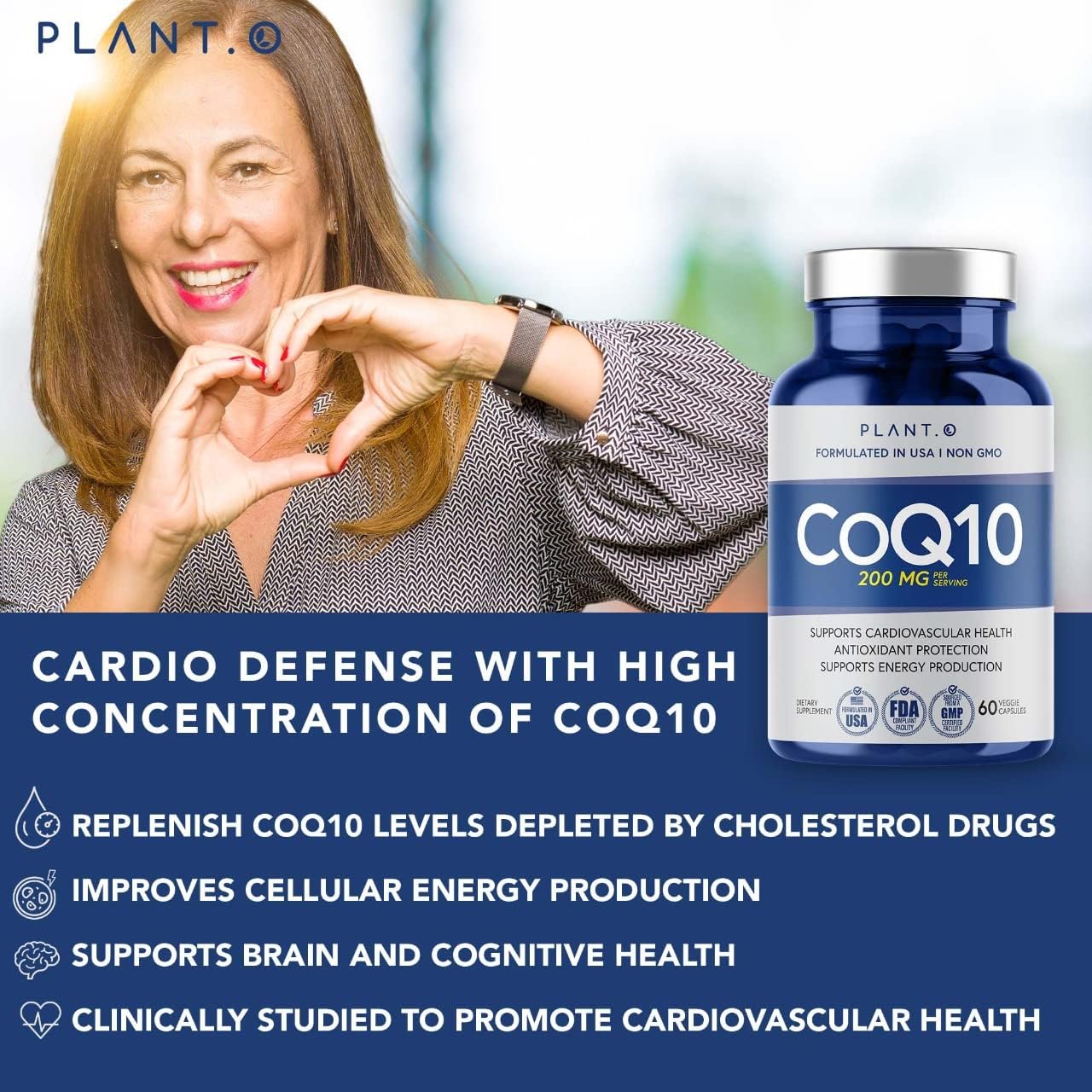 Premium Plant.O Nutrition CoQ10 200mg Softgels for Heart Health, Energy Boost, and Immune Support - 60 Liquid Capsules