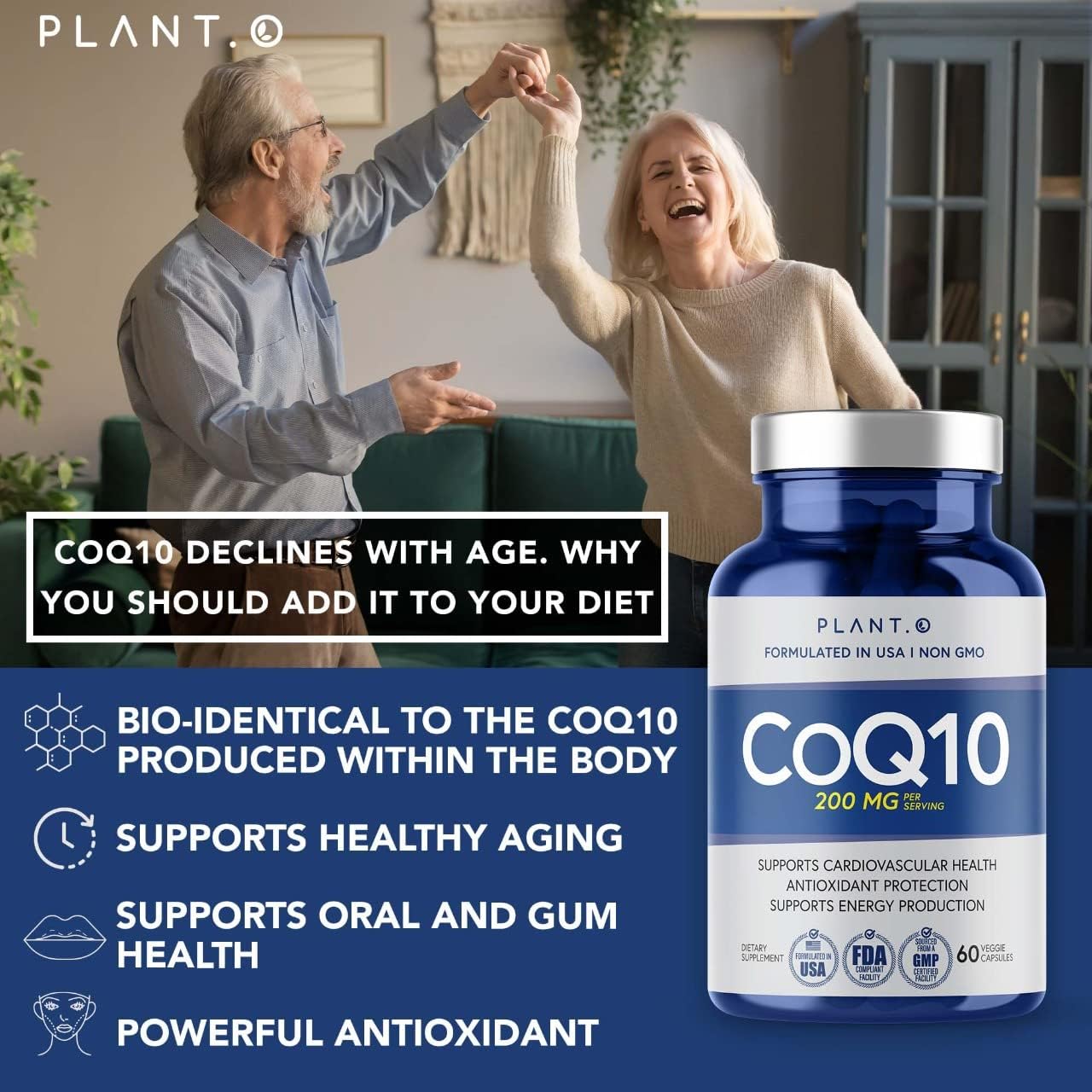 Premium Plant.O Nutrition CoQ10 200mg Softgels for Heart Health, Energy Boost, and Immune Support - 60 Liquid Capsules