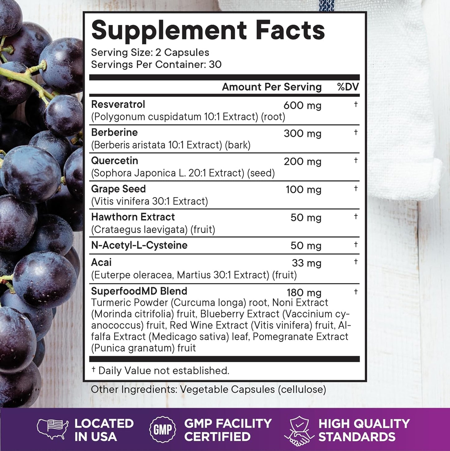 Premium Polyphenol Superfood Supplement with Resveratrol, Berberine, and Grape Seed Extract - Includes Noni, N-Acetyl Cysteine, and Acai - 60 Capsules - Made in USA
