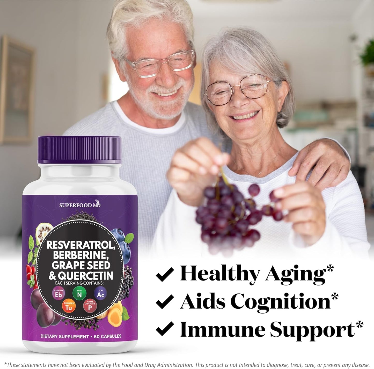 Premium Polyphenol Superfood Supplement with Resveratrol, Berberine, and Grape Seed Extract - Includes Noni, N-Acetyl Cysteine, and Acai - 60 Capsules - Made in USA