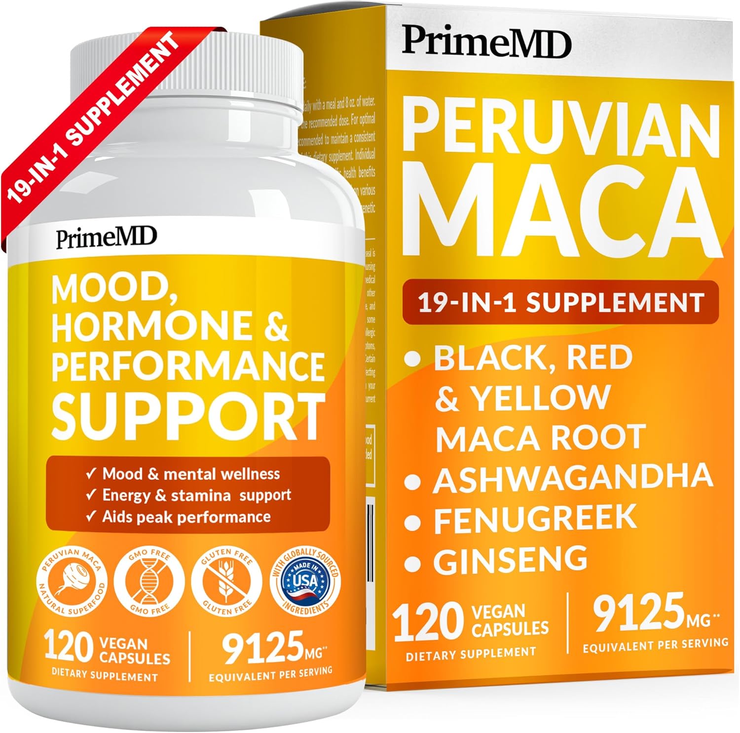 Premium PrimeMD 19-in-1 Peruvian Maca Root Capsules with 9125 mg Ashwagandha, Fenugreek, and Ginseng for Mood, Hormone Balance, and Performance Support - 120 Capsules