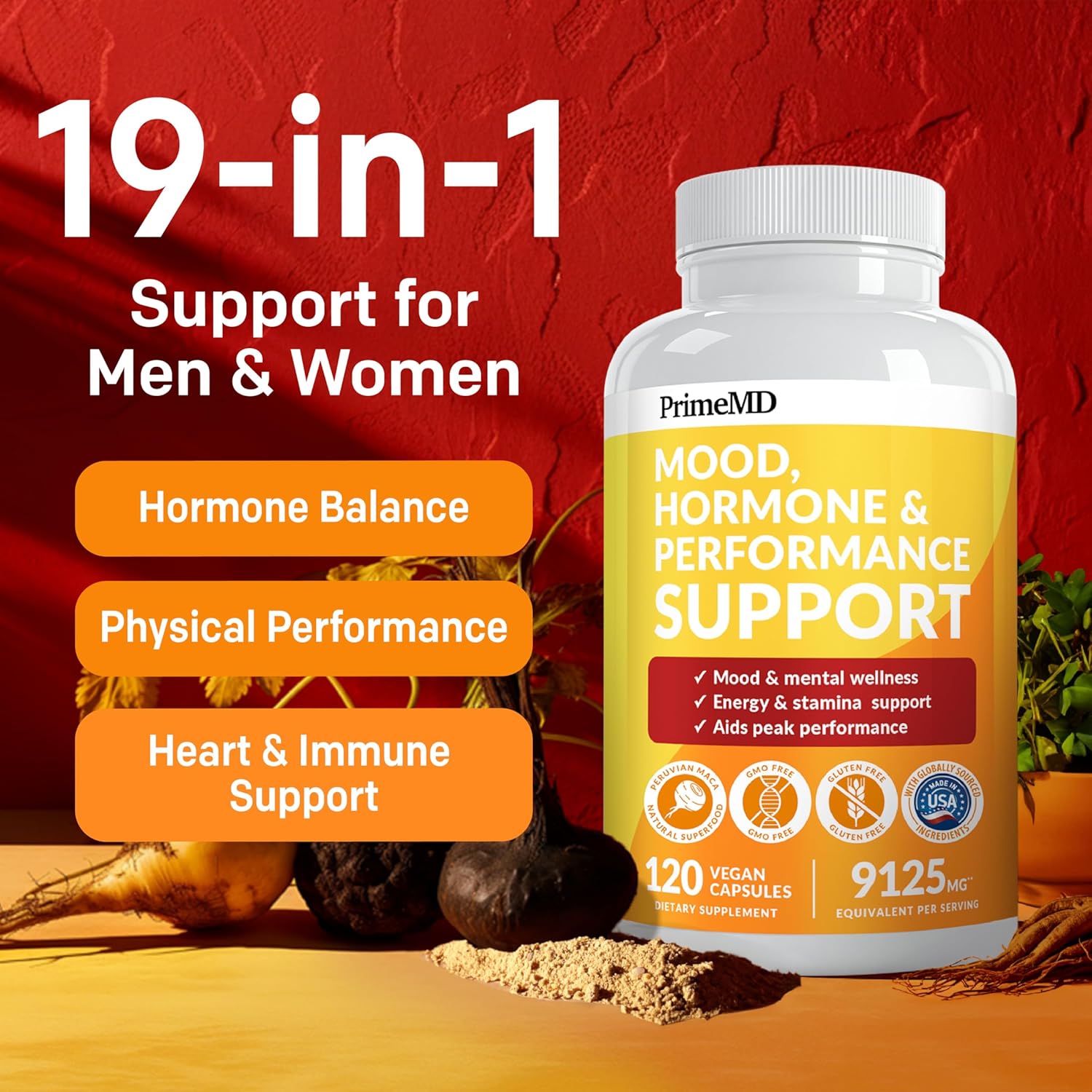 Premium PrimeMD 19-in-1 Peruvian Maca Root Capsules with 9125 mg Ashwagandha, Fenugreek, and Ginseng for Mood, Hormone Balance, and Performance Support - 120 Capsules