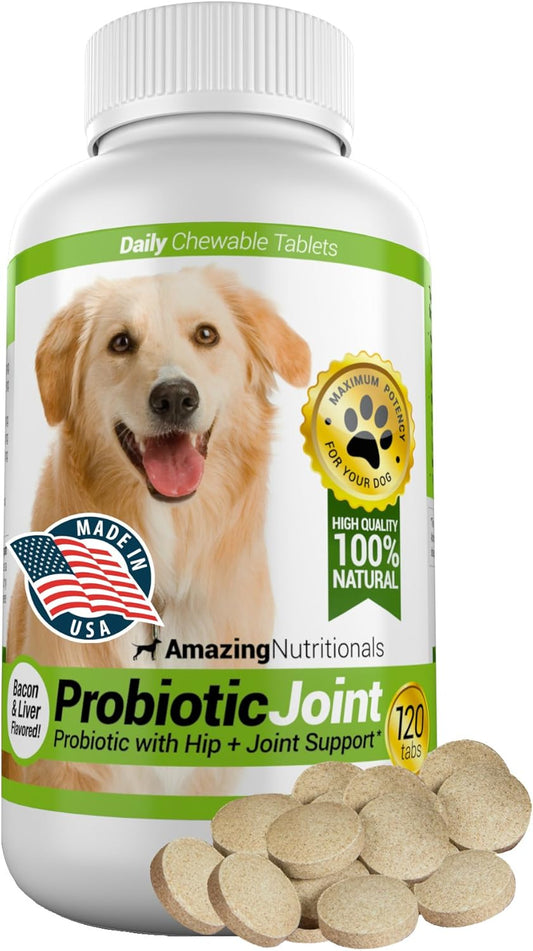 Premium Probiotic and Joint Support Chews for Dogs - 120 Count - Relieves Diarrhea, Gas, and Hip Joint Pain