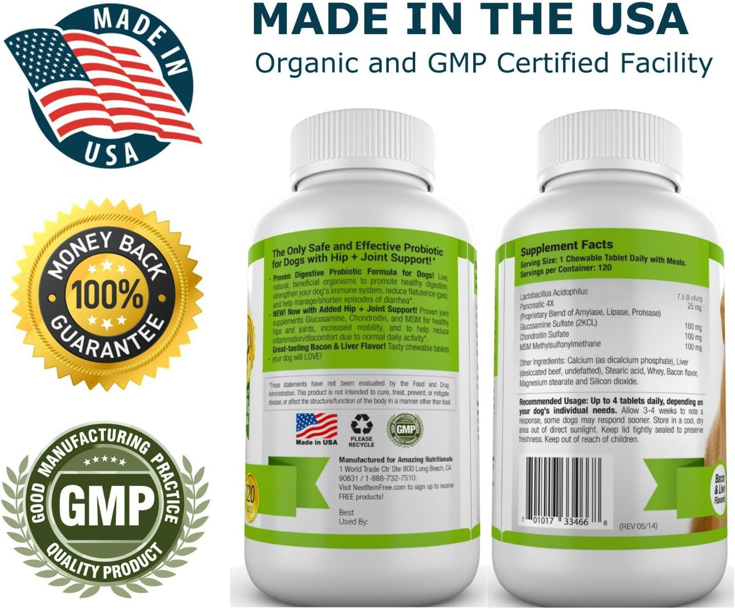 Premium Probiotic and Joint Support Chews for Dogs - 120 Count - Relieves Diarrhea, Gas, and Hip Joint Pain