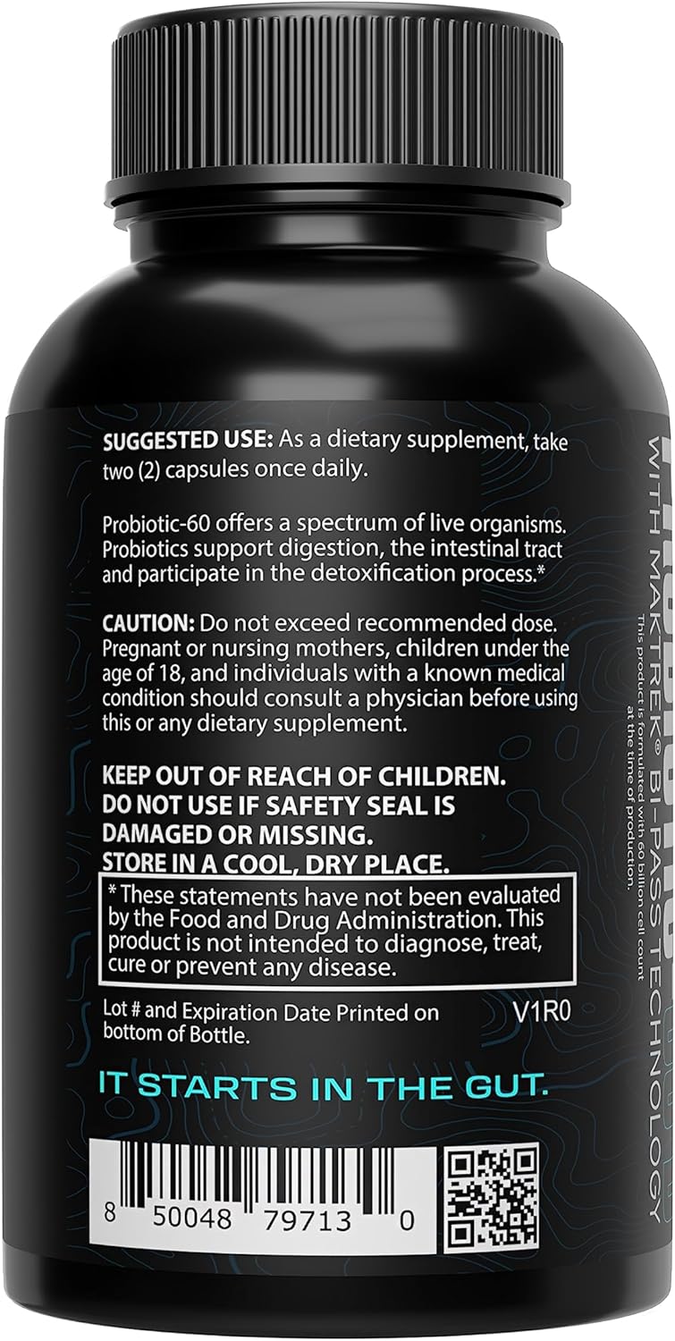 Premium Probiotic Capsules for Men and Women - 60 Billion CFU, 4 Strain Blend, Shelf Stable - Probiotic and Prebiotic Supplement (60 Count)