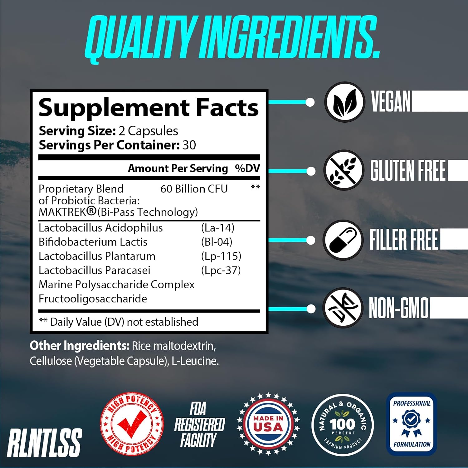 Premium Probiotic Capsules for Men and Women - 60 Billion CFU, 4 Strain Blend, Shelf Stable - Probiotic and Prebiotic Supplement (60 Count)