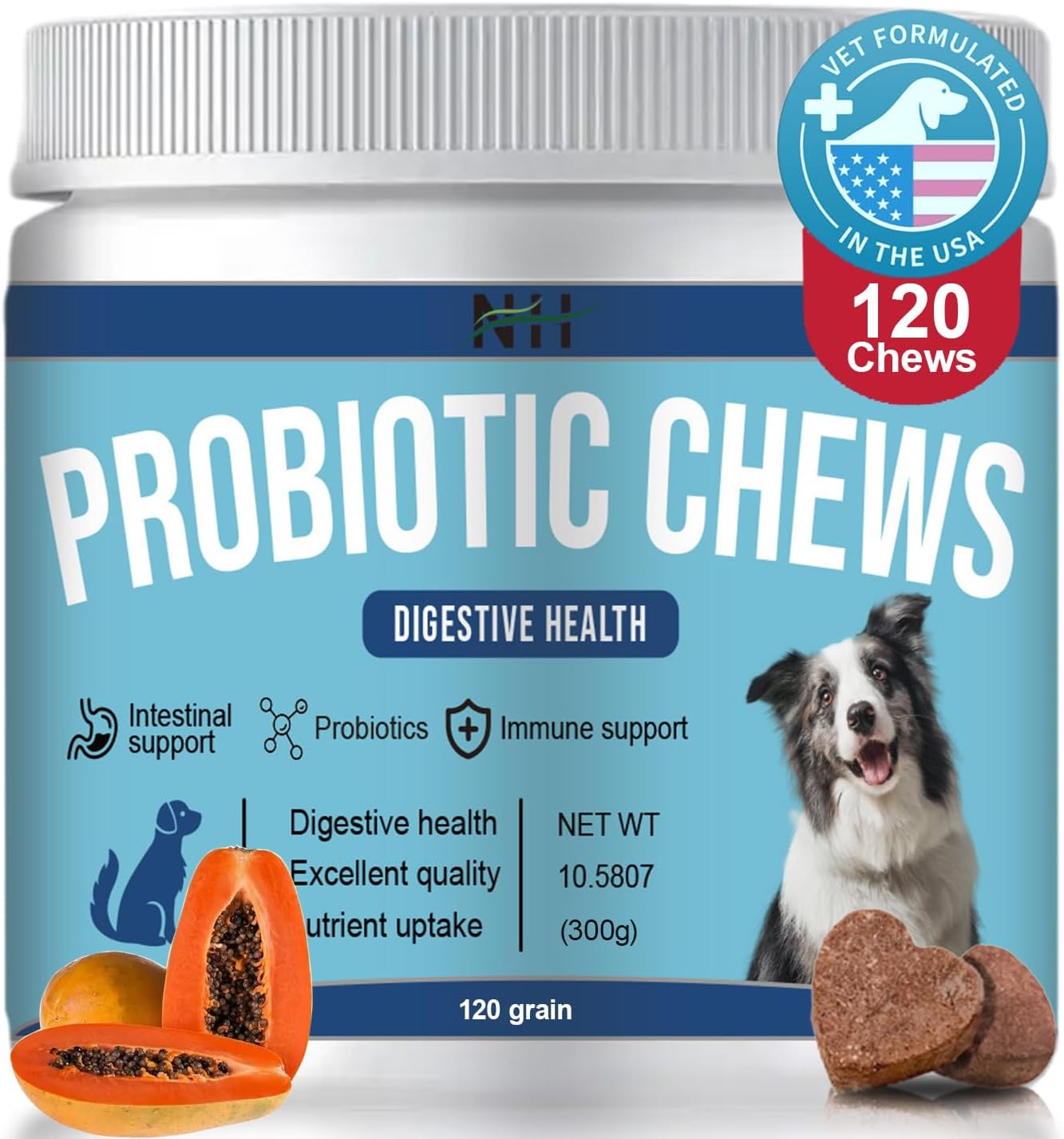Premium Probiotic & Enzyme Chews for Pets with Papaya, Pumpkin, and Krill Oil - Promotes Gut Health, Eliminates Odor, and Supports Digestive & Immune System - Vet Approved
