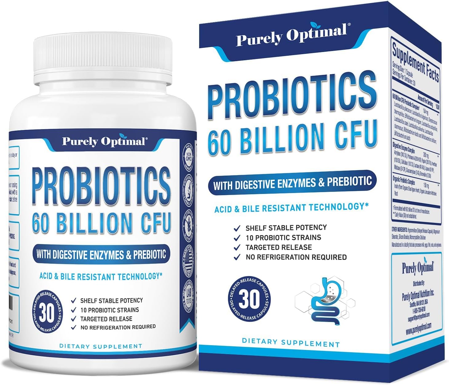 Premium Probiotic Supplement with 60 Billion CFU, Organic Prebiotics, and Digestive Enzymes