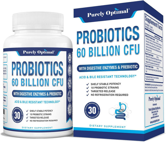 Premium Probiotic Supplement with 60 Billion CFU, Organic Prebiotics, and Digestive Enzymes