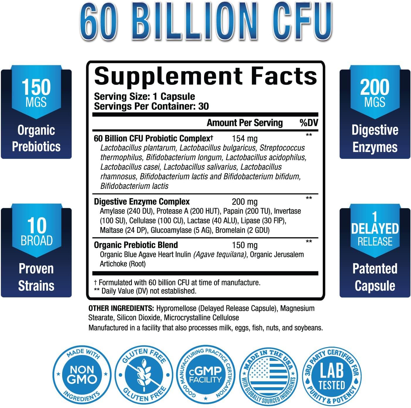 Premium Probiotic Supplement with 60 Billion CFU, Organic Prebiotics, and Digestive Enzymes