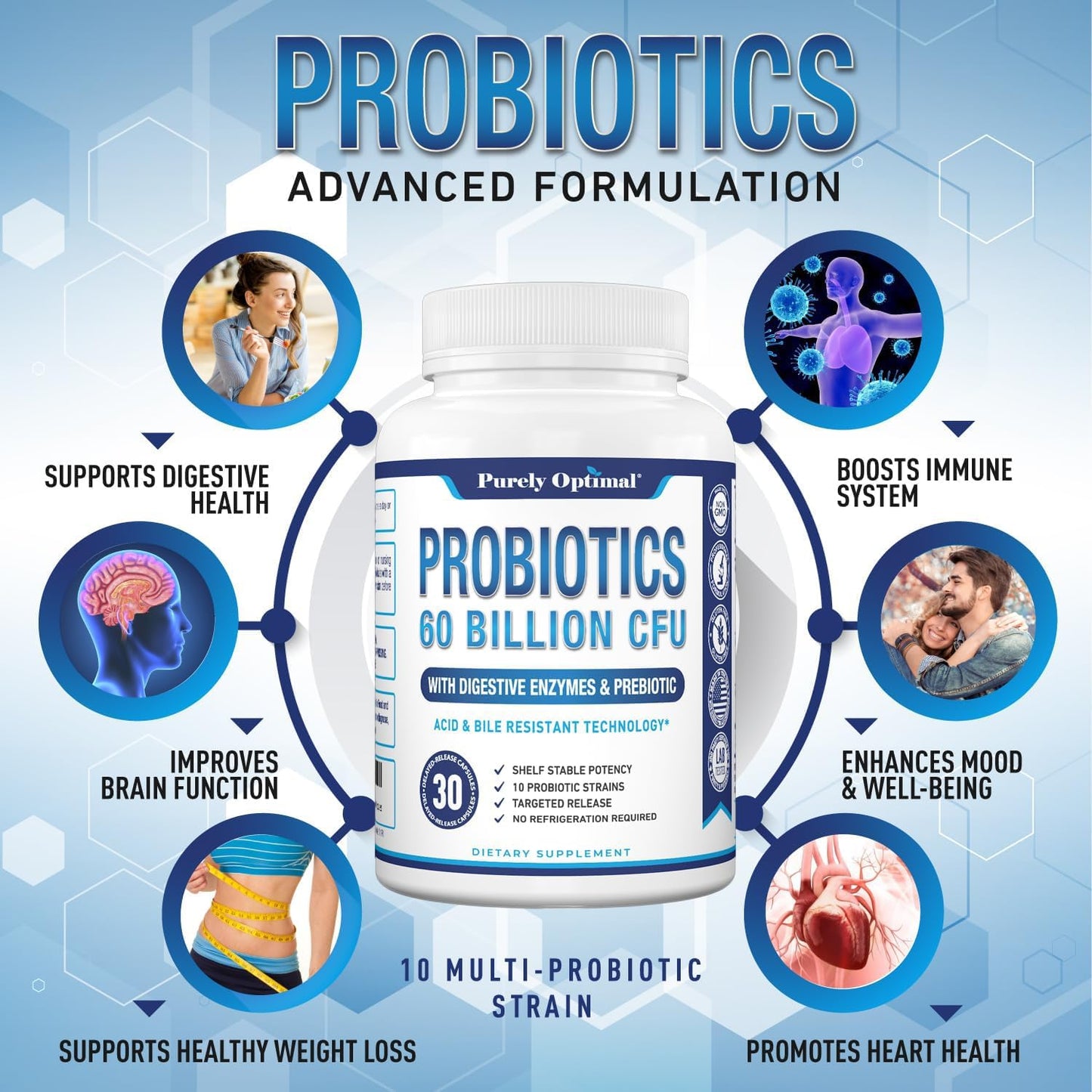 Premium Probiotic Supplement with 60 Billion CFU, Organic Prebiotics, and Digestive Enzymes