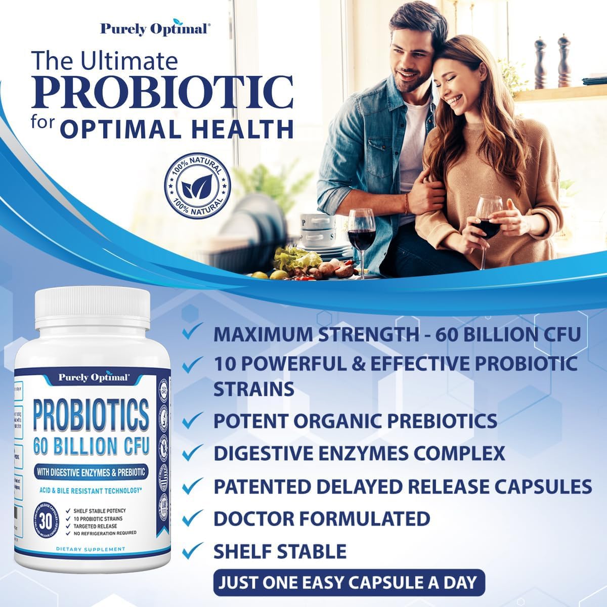 Premium Probiotic Supplement with 60 Billion CFU, Organic Prebiotics, and Digestive Enzymes