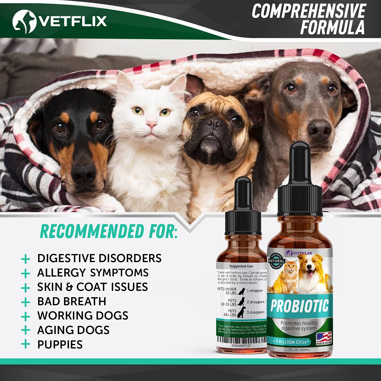 Premium Probiotics for Dogs & Cats with Digestive Enzymes & Prebiotics - Relieves Diarrhea, Vomiting, Gas, & Bad Breath - Supports Healthy Digestion