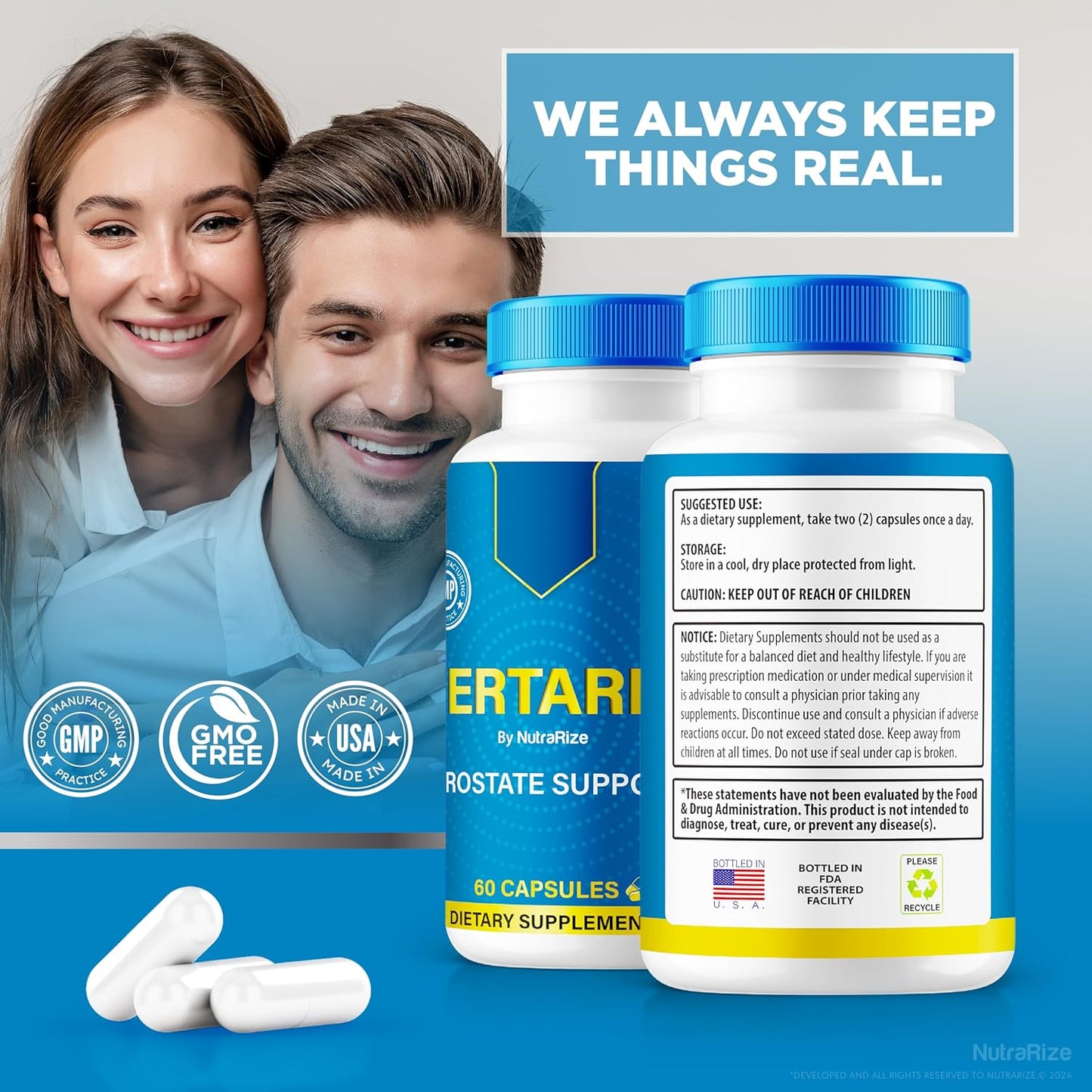 Premium Prostate Support Supplement - NutraRize Jertaris Pills for Men, All Natural Formula for Prostate Health, 60 Capsules