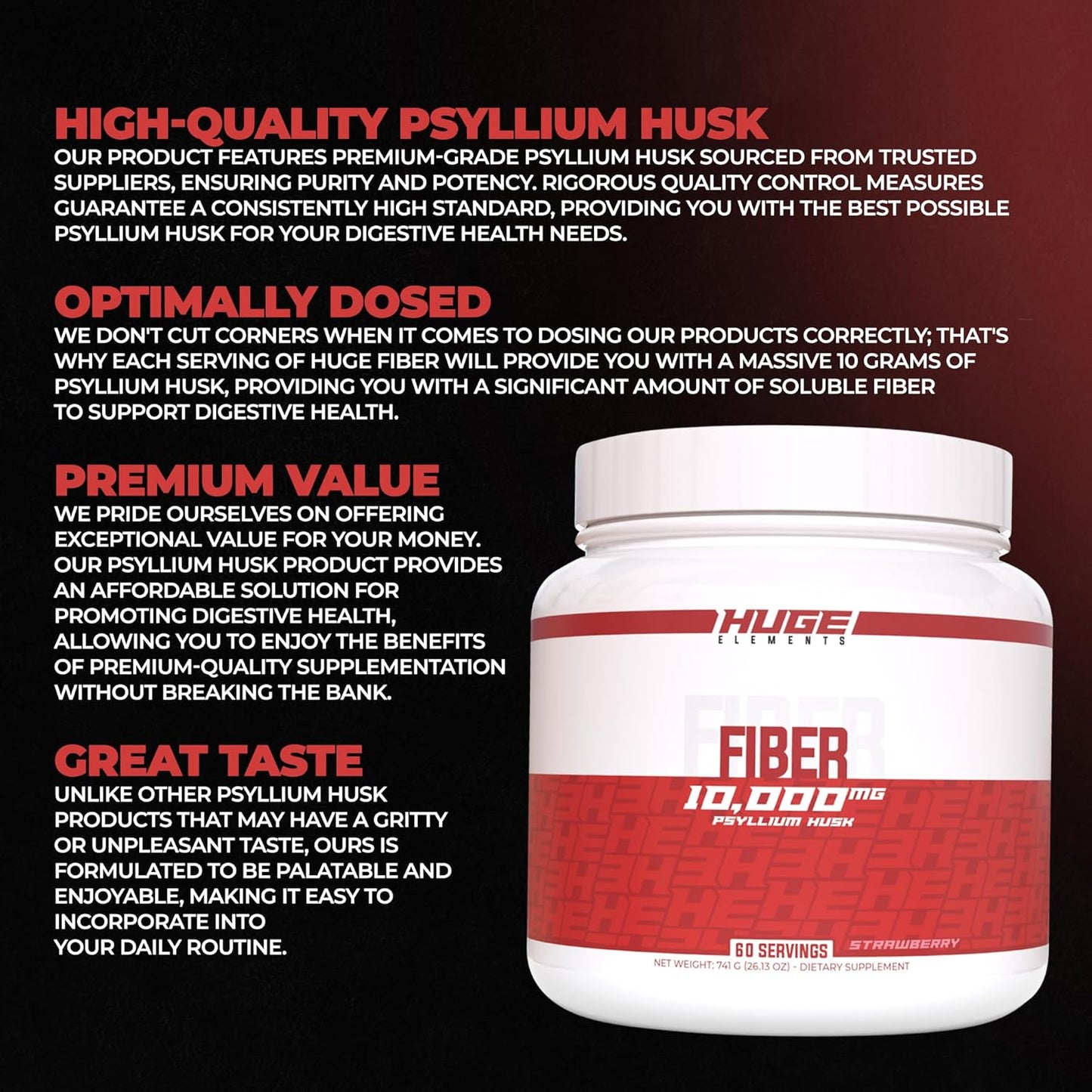 Premium Psyllium Husk Powder Fiber Supplement, 10g for Digestive Health, Natural Prebiotic with Delicious Strawberry Flavor - 60 Servings