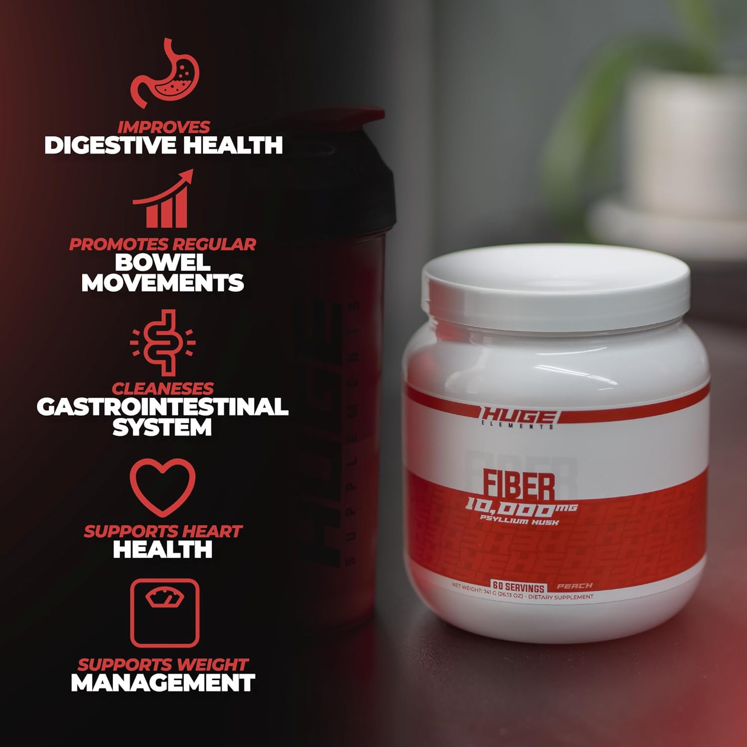 Premium Psyllium Husk Powder Fiber Supplement, 10g for Digestive Health, Natural Prebiotic with Delicious Strawberry Flavor - 60 Servings