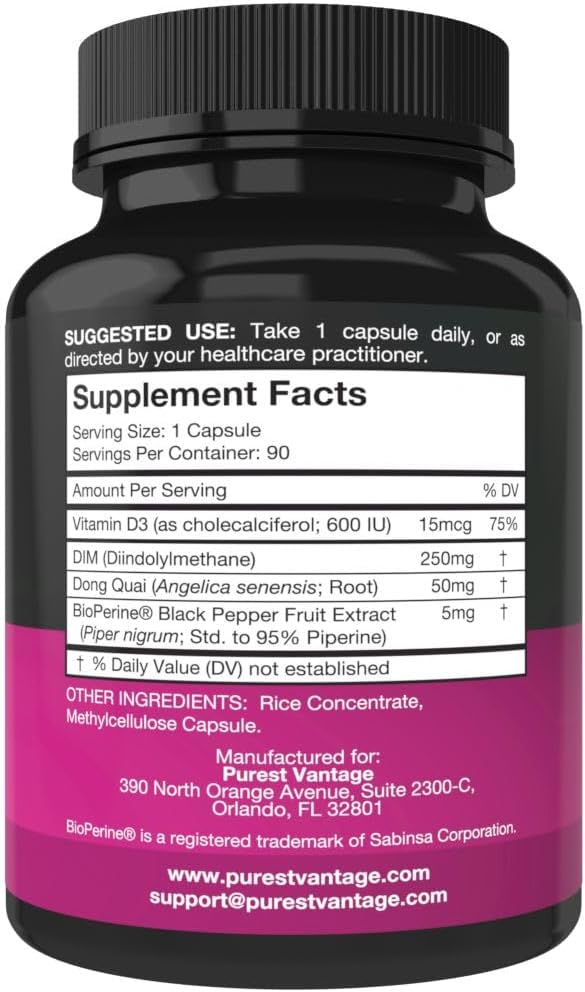 Premium Pure DIM Supplement 250mg with BioPerine & Dong Quai - Hormone Balance for Men & Women, Menopause & Estrogen Support - 90 Capsules