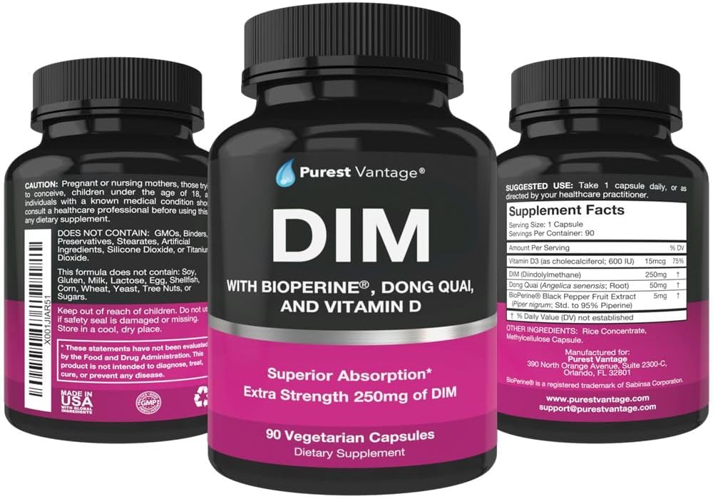 Premium Pure DIM Supplement 250mg with BioPerine & Dong Quai - Hormone Balance for Men & Women, Menopause & Estrogen Support - 90 Capsules