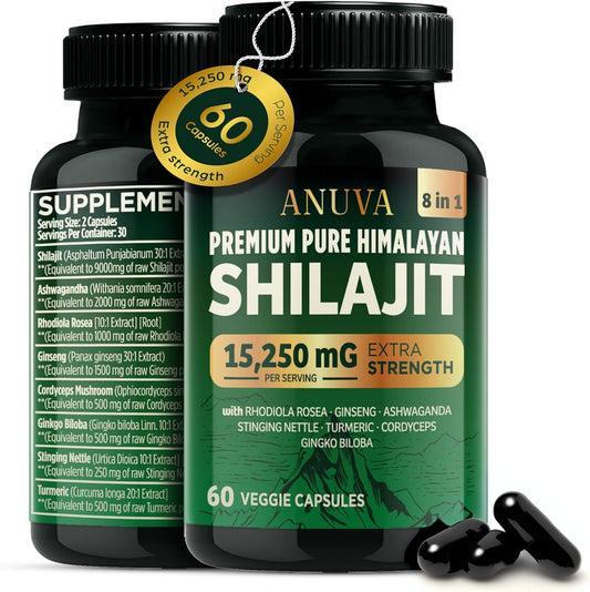 Premium Pure Himalayan Shilajit Capsules 15,250mg with Ashwagandha, Cordyceps, Turmeric, Ginseng, Gingko Biloba, Stinging Nettle - 60 Vegetarian Capsules for Men and Women