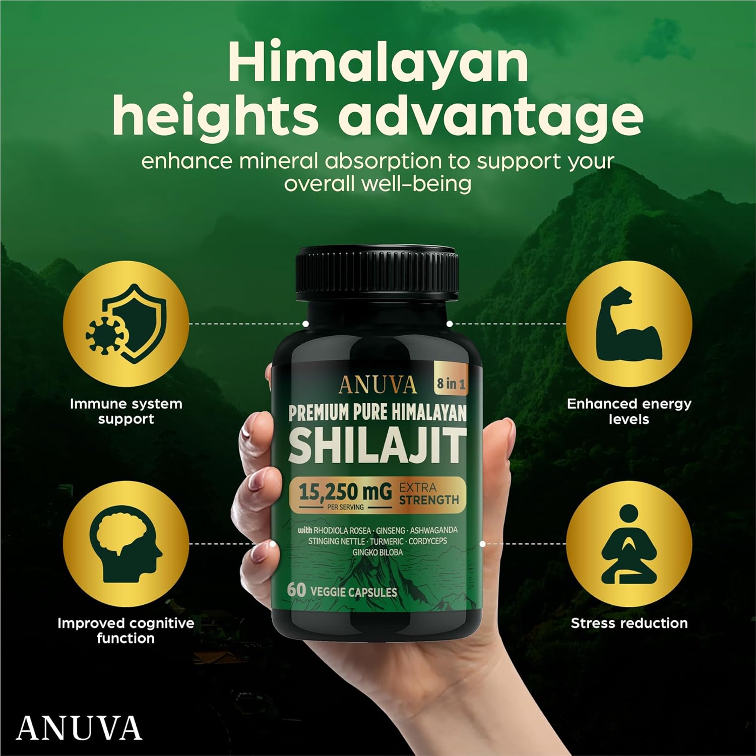 Premium Pure Himalayan Shilajit Capsules 15,250mg with Ashwagandha, Cordyceps, Turmeric, Ginseng, Gingko Biloba, Stinging Nettle - 60 Vegetarian Capsules for Men and Women
