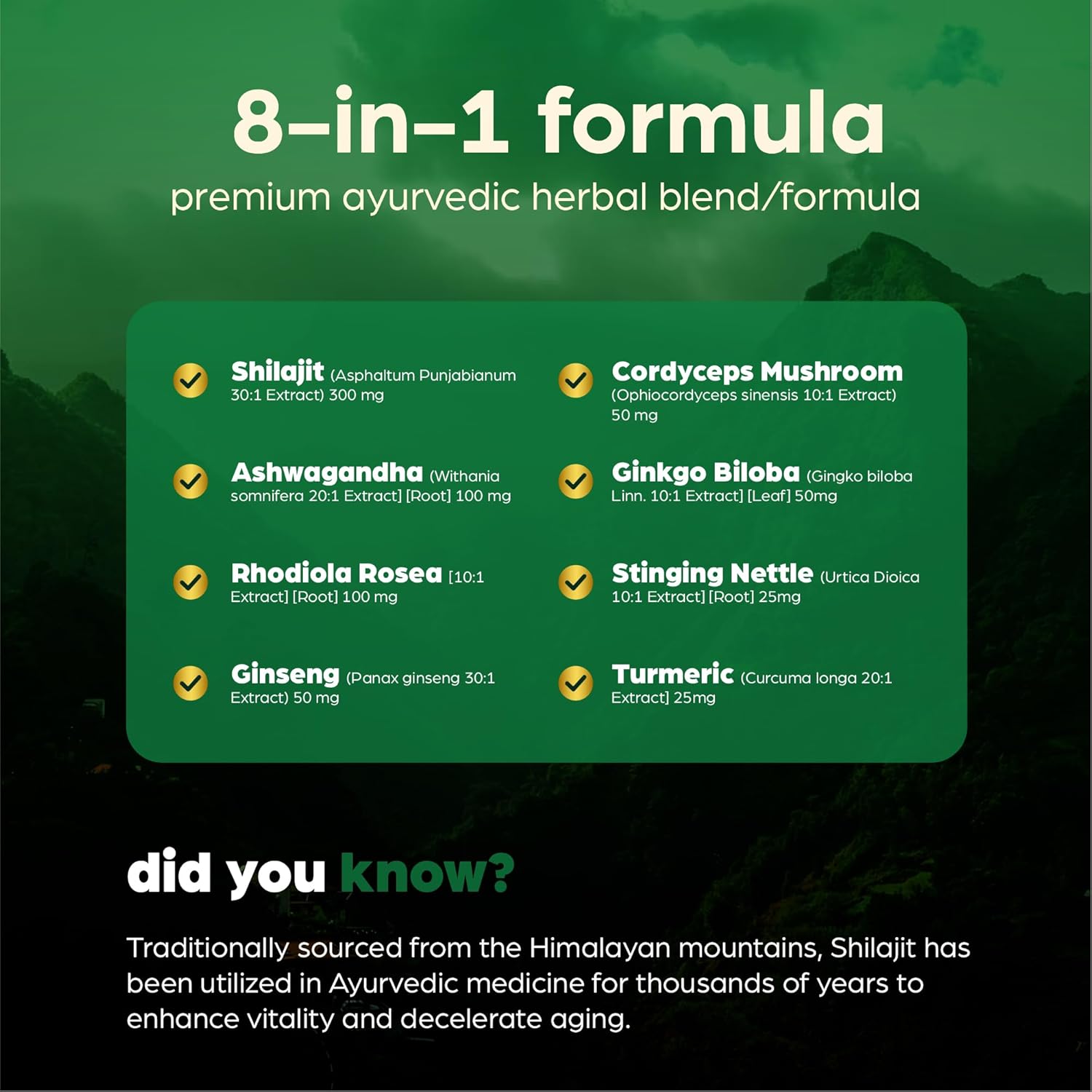 Premium Pure Himalayan Shilajit Capsules 15,250mg with Ashwagandha, Cordyceps, Turmeric, Ginseng, Gingko Biloba, Stinging Nettle - 60 Vegetarian Capsules for Men and Women