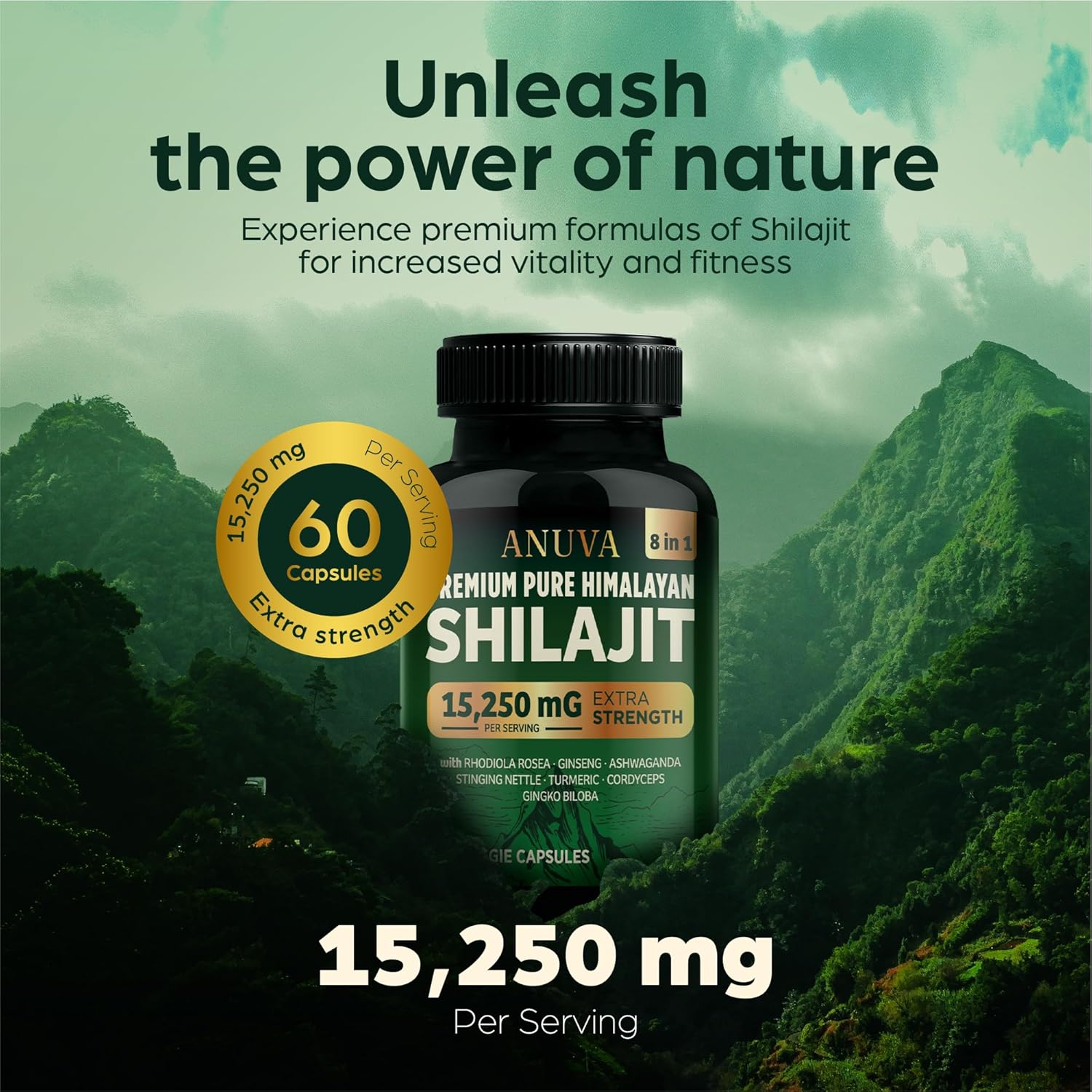 Premium Pure Himalayan Shilajit Capsules 15,250mg with Ashwagandha, Cordyceps, Turmeric, Ginseng, Gingko Biloba, Stinging Nettle - 60 Vegetarian Capsules for Men and Women